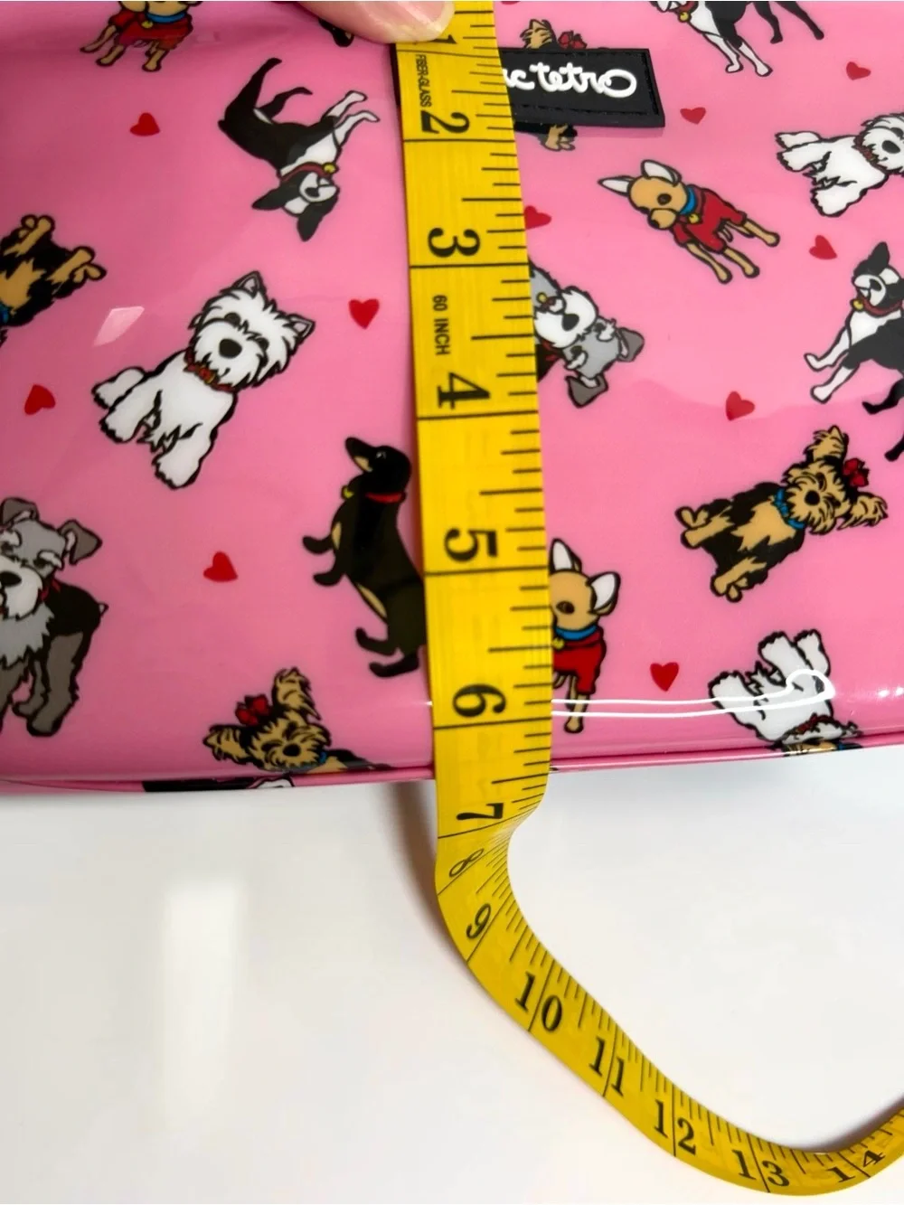 NWT Marc Tetro Pink Patent Multi Dog Print Cosmetic Bag Pouch Heart Zipper Pull